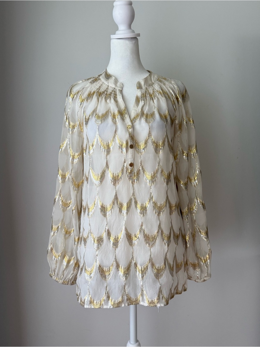 Lilly Pulitzer Blouse Size S Ivory Gold Silver Metallic Sheer Long Sleeve